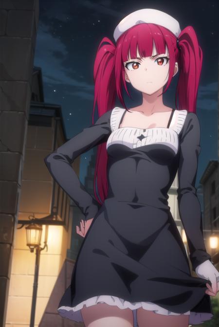 riruka dokugamine, long hair, twintails, (red eyes:1.5), purple hair, bangs, blunt bangs, thighhighs, hat, maid, long sleeves, gloves, dress, black dress, skirt, black skirt, collarbone,