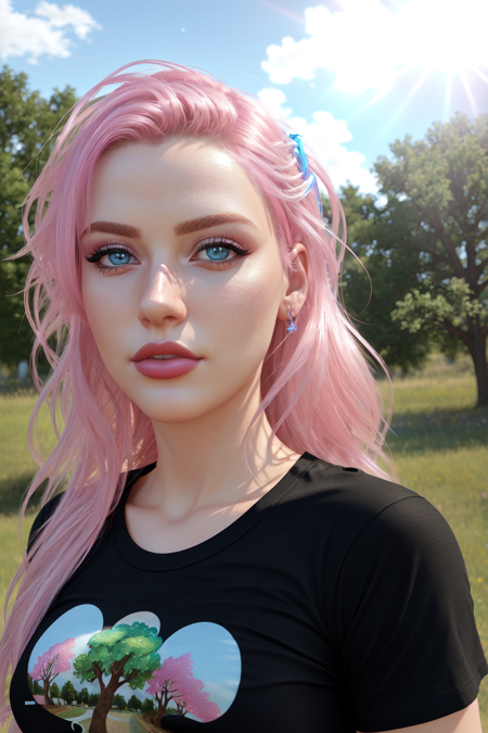 Virtual Diffusion Style, 1girl, black shirt, blue eyes, cloud, day, lipstick, makeup, outdoors, photo background, pink hair, shirt, sky, solo, t-shirt, tree, upper body, (((masterpiece, best quality, ))), RAW, particle effects, light bokeh, depth of field, volumetric detailed lighting, ray tracing, (hyperrealism:1.2), (photorealistic:1.2), detailed face, detailed hair, <lora:SLLORA_V2:0.5>