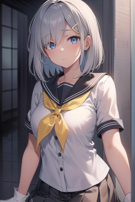 hamakaze, <lora:hamakaze-lora-nochekaiser:1>, 
hamakaze, blue eyes, grey hair, hair ornament, hair over one eye, hairclip, short hair, short hair,
BREAK black pantyhose, buttons, gloves, grey sailor collar, grey skirt, hairclip, neckerchief, pantyhose, pleated skirt, sailor collar, school uniform, serafuku, skirt, white gloves, yellow neckerchief,
BREAK looking at viewer,
BREAK indoors, classroom,
BREAK <lyco:GoodHands-beta2:1>, (masterpiece:1.2), best quality, high resolution, unity 8k wallpaper, (illustration:0.8), (beautiful detailed eyes:1.6), extremely detailed face, perfect lighting, extremely detailed CG, (perfect hands, perfect anatomy),