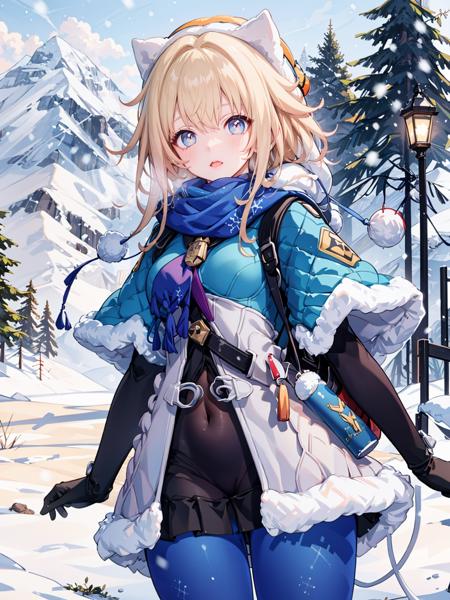 (extremely detailed CG, best quality:1.1), 1girl, perfect face, bright pupils, (finely detailed beautiful eyes:1.1), wide hips, narrow waist, scarf, fur trim, winter clothes, fur-trimmed capelet, print pantyhose, pom pom (clothes), backpack, fur-trimmed boots, elbow gloves, cowboy shot, small breasts, snowing,  <lora:LynxLandau:0.8>