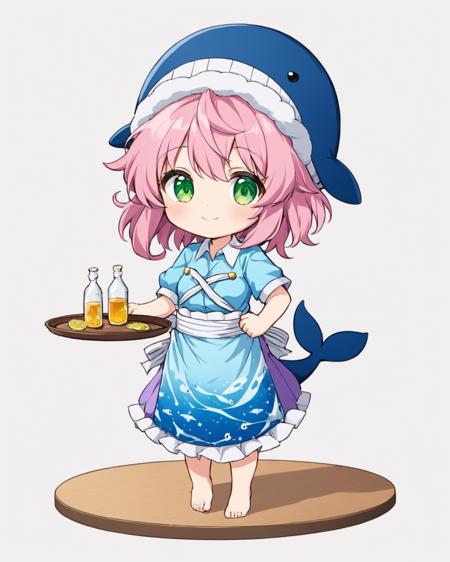 okunoda miyoi,1girl, purple_skirt, solo, white_background, blue_shirt, fish_print, short_sleeves, chibi, simple_background, tokkuri, looking_at_viewer, tray, full_body, standing_on_one_leg, smile, :q, blue_headwear, sparkle, choko_\(cup\), cup, cross-laced_clothes, closed_mouth, barefoot, bright_pupils, bottle, animal_hat, v-shaped_eyebrows, whale, apron
<lora:okunoda_miyoi_image445_2023-12-20-000010:1>,star-shaped_pupils,symbol-shaped_pupils,. gorgeous,key visual, vibrant, studio anime,award-winning, professional, highly detailed,high budget, cinemascope