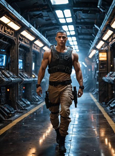 handsome,male,Lebanese,Mexican,buzz cut,27 years old,(muscular:0.5),indoors,running,desolate spaceship,pulse rifle,science fiction,realistic photograph,cinematic_lighting,night,