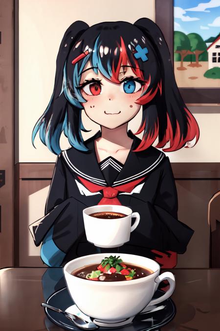 Highly detailed, High Quality, Masterpiece, beautiful, Switch-chan,  <lora:Switchchan:0.8>, food, simple background, elbows on table, cup, blurry background, indoors, upper body, <lora:Pos_AcrossTable:1>