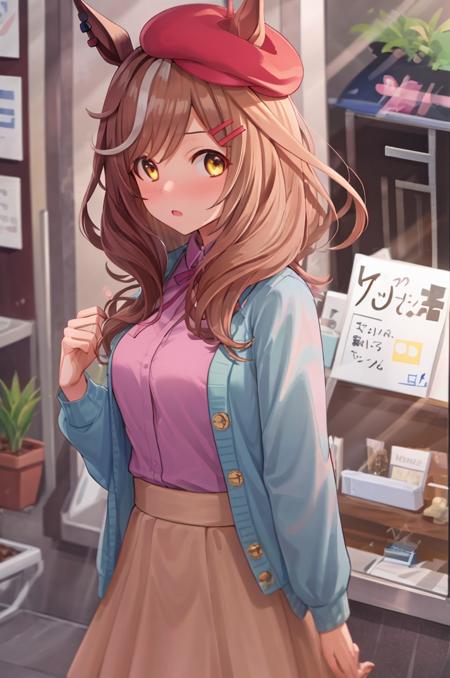 masterpiece,best quality,solo,1girl,matikane tannhauser \(umamusume\),casual,beret,pink shirt,brown skirt,blue jacket,sob,hair pull,shop