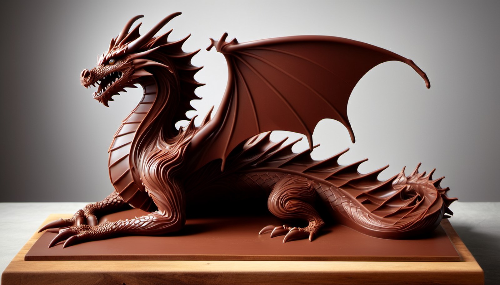 ChocolateRay, Breathtaking Chiffon dragon, dressed in made entirely of chocolate, Primitivism, cinematic