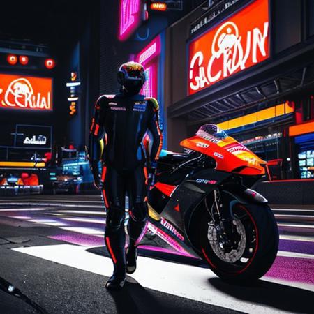 18 year old male silhouette in matte black bodysuit with a carbon fiber Kevlar weave pattern, he has on thin all black motorcycle racing gloves, faceless reflective helmet with rainbow metallic stripes, standing amid glitch effects and flickering neon signs, backlit by a digital billboard, urban city intersection at night, moody monochrome lighting, subtle distortion around the figure, digital phasing glitch fx, anonymous posture, surveillance aesthetics --ar 3:4 --v 5 --q 2 --style tech noir --lighting harsh backlight --detail crisp wires --render 8k