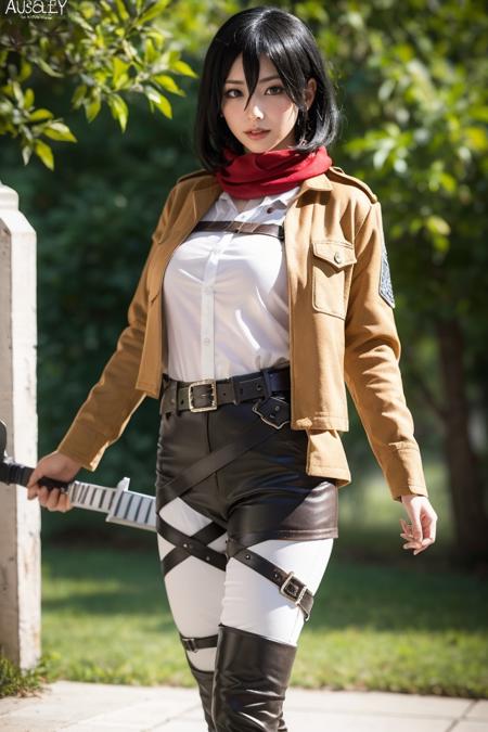 Mikasa Ackerman,girl,mikasa ackerman,scarf,solo,jacket,black hair,paradis military uniform,short hair,red scarf,emblem,belt,hair between eyes,black eyes,three-dimensional maneuver gear,thigh strap,lips,white shirt,shirt,boots,pants,brown jacket,long sleeves,outdoors,open clothes,brown eyes,survey corps,open jacket,white pants,standing,holding weapon,1girl,best quality,masterpiece,illustration,an extremely delicate and beautiful,CG,unity,8k wallpaper,Amazing,finely detail,masterpiece,official art,extremely detailed CG unity 8k wallpaper,incredibly absurdres,huge filesize,ultra-detailed,highres,extremely detailed,beautiful detailed girl,realistic,full frontal,light contrast,<lora:Mikasa Ackerman_20231117034021:0.8>,