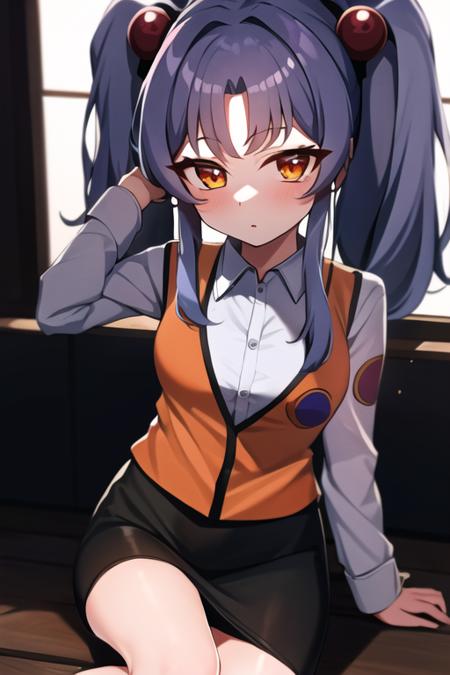 1girl, solo, masterpiece, best quality, absurdres, cute, (extremely detailed beautiful hand and leg and feet), perfect lighting, <lora:hoshino_ruri-000030:0.8>, hoshino ruri, twintails, hair bobbles, collared shirt, orange vest, pencil skirt, skirt lift, open clothes