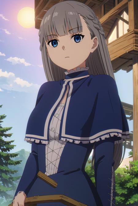 lawine, <lora:lawine-alpha-lora-nochekaiser:1>,
lawine, long hair, bangs, blue eyes, brown hair, braid, low-tied long hair,
BREAK long sleeves, dress, frills, capelet, blue dress, blue capelet,
BREAK outdoors, forest, nature, grass, sky, sun, clouds,
BREAK looking at viewer, (cowboy shot:1.5),
BREAK <lyco:GoodHands-beta2:1>, (masterpiece:1.2), best quality, high resolution, unity 8k wallpaper, (illustration:0.8), (beautiful detailed eyes:1.6), extremely detailed face, perfect lighting, extremely detailed CG, (perfect hands, perfect anatomy),