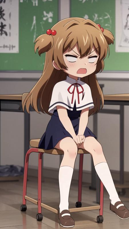 (masterpiece, best quality), ray tracing, absurdres,Jimeko-san, 1girl, solo, school uniform, socks, sitting, long hair, two side up, chibi, hair ornament, desk, brown hair, angry, black socks, shirt, white shirt, triangle mouth, kneehighs, school desk, shoes, open mouth, chair, ribbon, short sleeves, hair bobbles, white capelet, blue dress,<lora:Jimeko-san_v2:0.8>