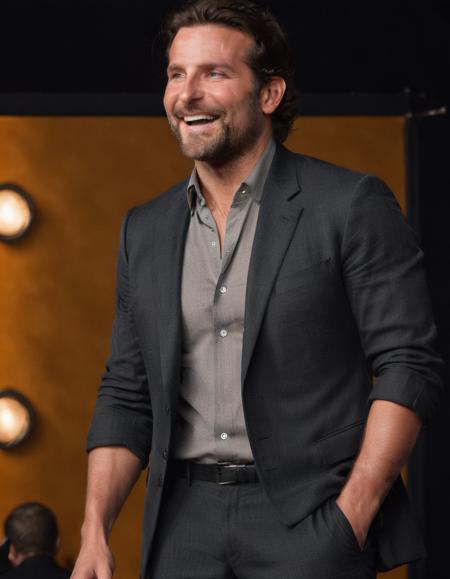 photo of bradley cooper standing on stage laughing, cinematic lighting, hero pose