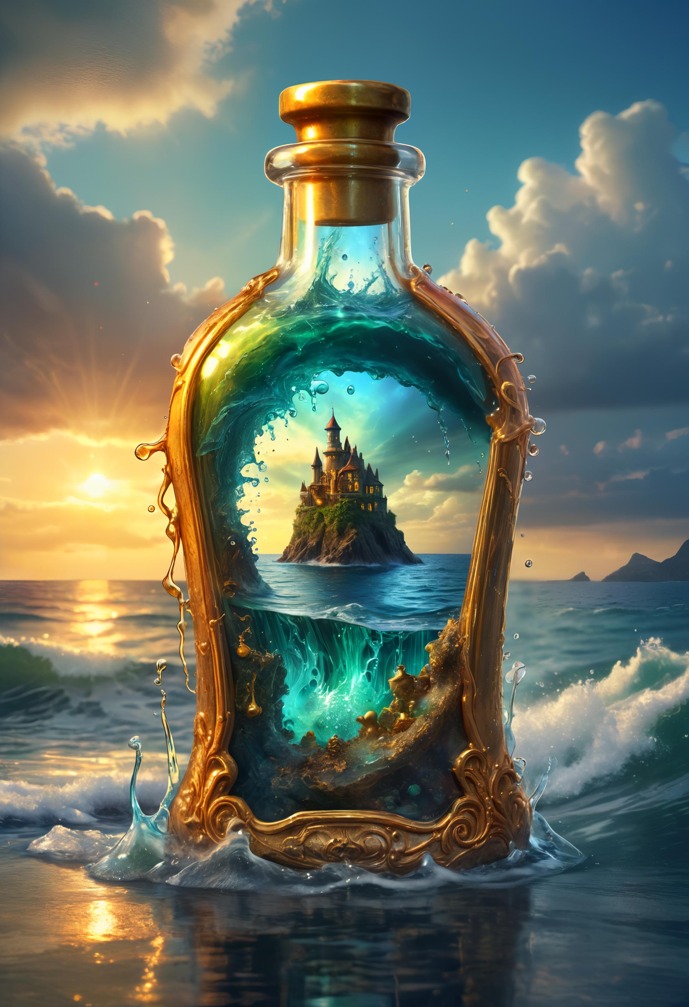 Enchanted Bottle of Water with Castle Inside - Magical Art