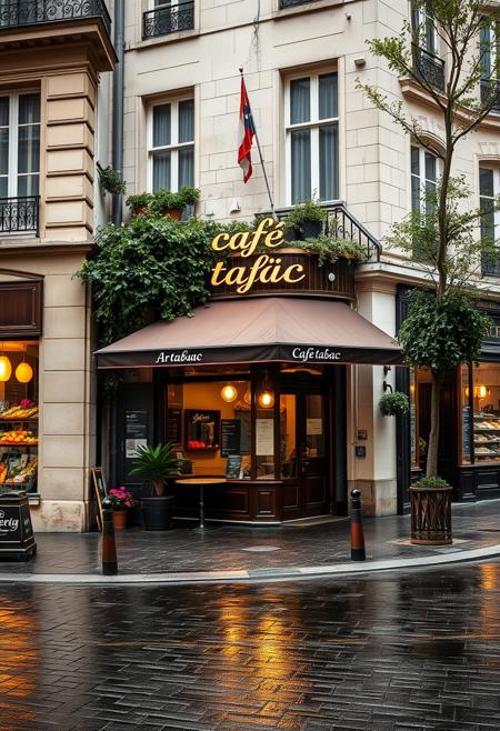 A beautifully lit and composed professional photograph of a Parisian brasserie on a bustling Paris street corner, the restaurant is an oasis from the busy street, tucked in and cozy off the street next to a flower shop on one side and an art galerie on the other , wet cobblestones, high resolution, early morning rain, weathered limestone and details, fine details of plants and trees, ultra realistic modern day scene, beautiful early morning sun rays, the words cafe and tabac are on the sign, (no flags)