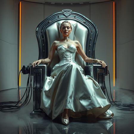 A slender, arrogant  rich norvegian bride, reclined in a polished steel throne, dressed in a luxurious, rich fantasy satin wedding gown with a fitted, boned corset accentuating her ultra-thin waist.and a full, flared skirt, paired with satin high heels, orgasm face. The massive electrodes holding her head pressed to the throne headrest,  cabled to a  futuristic superconputer rack. Her hands and ankles are bound to the  throne  by massive steel restraints,   weird fog from the floor. The scene is set in a sterile, empty chamber, with a glossy mother-of-pearl finish, evoking a sense of futuristic dread. Inspired by the cinematic styles of Ridley Scott, Guillermo del Toro, and H.R. Giger, with a blend of sci-fi and horror elements, this full-body portrait is a masterpiece of cinematic storytelling, shot on a virtual v-raptor XL camera, with a warm, film-grained aesthetic, subtle vignette, and rich color grading, reminiscent of 35mm film, with dramatic, atmospheric lighting, inviting the viewer to immerse themselves in this epic, stunning scene.