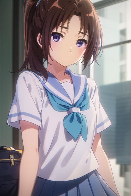 natsukinakagawa, <lora:natsuki nakagawa s2-lora-nochekaiser:1>,
natsuki nakagawa, nakagawa natsuki, long hair, brown hair, (purple eyes:1.2), ponytail, (parted bangs:1.5),
BREAK skirt, shirt, school uniform, white shirt, short sleeves, pleated skirt, serafuku, sailor collar, blue skirt, neckerchief, blue sailor collar, school bag, blue neckerchief, kitauji high school uniform,
BREAK indoors, classroom,
BREAK looking at viewer, (cowboy shot:1.5),
BREAK <lyco:GoodHands-beta2:1>, (masterpiece:1.2), best quality, high resolution, unity 8k wallpaper, (illustration:0.8), (beautiful detailed eyes:1.6), extremely detailed face, perfect lighting, extremely detailed CG, (perfect hands, perfect anatomy),