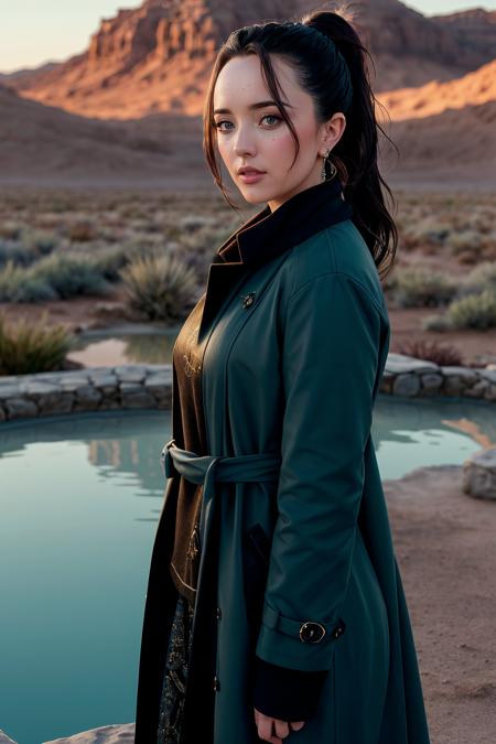 perfect cinematic shoot of a beautiful woman (EPF3rnBr4dy:.99), a woman standing at a Desert oasis, perfect high ponytail, wearing sexy teal (coat), (leave covered hot spring in background:1.2), (detailed background:1.1), (face focus), modelshoot style, (extremely detailed CG unity 8k wallpaper), professional majestic (photography by Roberto Ferri:1.1), 24mm, exposure blend, hdr, extremely intricate, High (Detail:1.1), dramatic, soft cinematic light, (looking at viewer), (detailed pupils),8k, highly detailed, rich environment, 4k textures, soft cinematic light, elegant, ((((cinematic look)))), soothing tones, insane details, hyperdetailed, ("In Jernau we trust!":1.1)