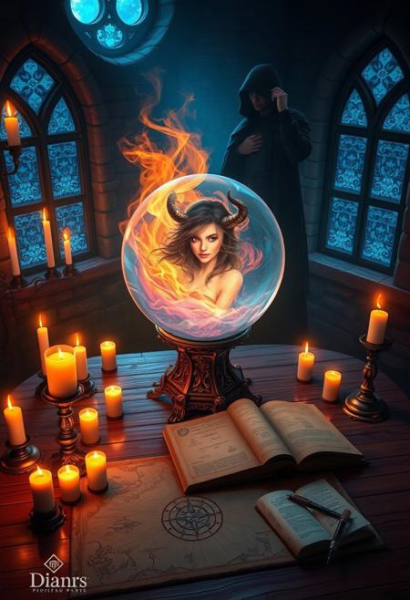 Image is a digital fantasy artwork featuring a mystical, dimly lit room with a gothic style. The layout centres around a large, glowing crystal ball on an ornate stand, surrounded by numerous lit candles casting flickering shadows. Inside the crystal ball, a female figure with horns and dark hair emerges from swirling flames, her expression enigmatic. A hooded figure with a focused expression stands behind the ball, partially obscured by shadows, wearing a dark robe. The room's stone walls are adorned with arched windows, through which a blue ethereal light streams. A detailed map with a compass rose lies on the wooden table beneath the crystal ball, alongside open books and a quill, suggesting a scene of magical study or summoning. The overall color palette is dominated by warm oranges and cool blues, creating a dramatic contrast.