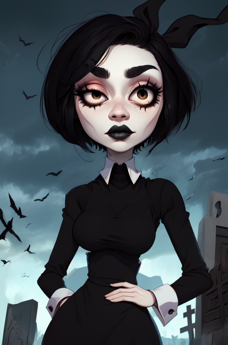 Susie,short hair,bags under eyes,pale skin,wavy mouth,black eyeliner,black eyes,(right eye half closed,left eye open),
black dress,long sleeves,wrist cuffs,black hair ribbon,
standing,upper body,
cemetery,night,cloudy,
(insanely detailed, beautiful detailed face, masterpiece, best quality),solo,<lora:SusieB98:1>,