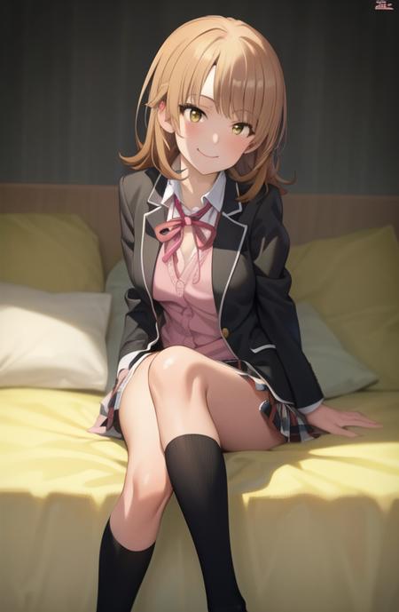 masterpiece, high quality, best quality, high resolution, 4k, high definition, beautiful lighting,highly detailed face, well drawn hands, well drawn legs,well drawn feet,well drawn eyes,1girl, iroha,brown hair , short hair, yellow eyes, sobu highschool uniform, (((black blazer))),((( pink shirt))), red ribbon , plaid skirt,black socks, smiling,closed mouth, from front,<lora:Isshiki_Iroha-01a:1>