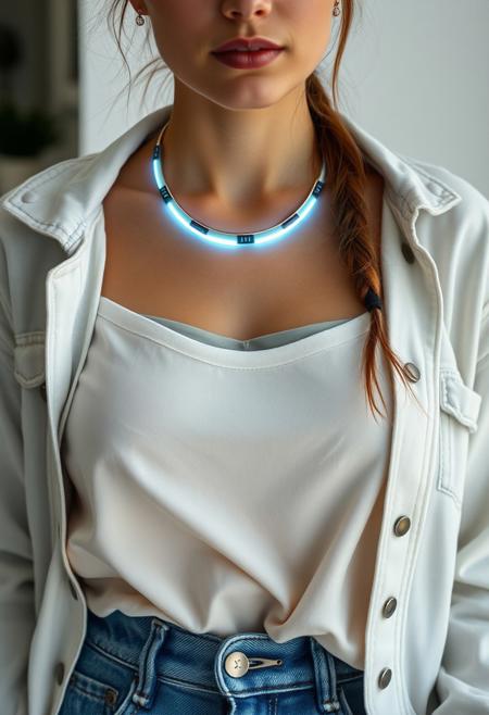 subdermal LED halo necklace, (internal LED glow:1.7), (embedded LEDs:1.8) forming evenly spaced glowing rings beneath the skin, soft light radiating outward from the collarbone, (natural skin tone:1.5), paired with a stylish casual outfit, (high-waisted jeans:1.4), (loose, tucked-in blouse:1.4), (simple leather sneakers:1.3), high-definition, (ultra-realistic textures:1.7), (soft natural makeup:1.3), (minimalist jewelry accents:1.2), natural skin tone, (light denim jacket:1.3) for a balanced, everyday look, modern yet comfortable, casual elegance with a futuristic edge, glowing subdermal halo design integrated seamlessly into the outfit, perfect for a day out or a casual gathering