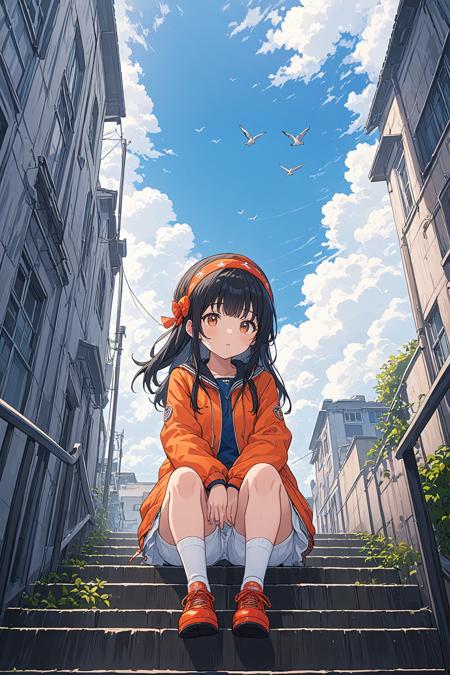 ultra-detailed,(best quality),((masterpiece)),(highres),original,extremely detailed 8K wallpaper,(an extremely delicate and beautiful),
anime,
\\,
BREAK
1girl,orange shoes,solo,sitting,sky,clouds,outdoors,black hair,bird,upward view,blue sky,white socks,daytime,orange jacket,building,long sleeves,leaves,long hair,stairs,red headband,pump Rope,headband,bangs,cloudy sky,from_below,wide_shot,