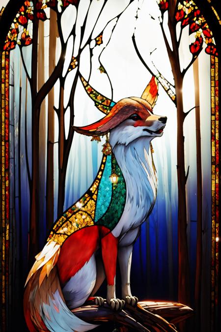 <lora:Stained_Glass_Story-10:1.5> stained_glass, transparent, backlight,  trees, ray of lights,  <lora:YaeMikoFox:0.5> YaeMikoFox, holding, holding animal, no humans, multiple tails, forest, flowers,