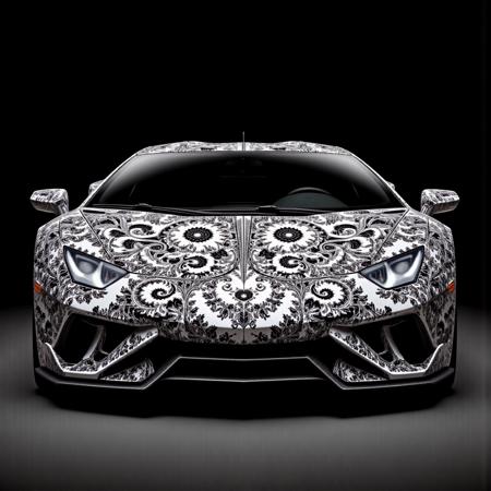 anm-frac of a car in fractal patterns, monochrome patterns , Intricate patterns and fine details for a sophisticated, ornate effect., cinematic film still