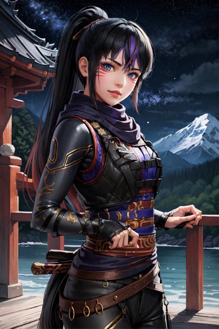 kunimitsu ii, 1girl, solo, looking at viewer, potrait, close-up, night, starry sky, temple, mountains, rocks, sea, training ground, (masterpiece:1.2, best quality)