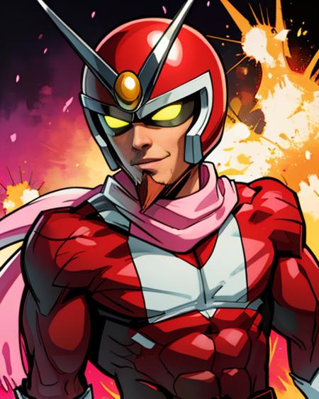 Joe,red goatee, upper body, solo,
Viewtiful, red bodysuit, (pink scarf), helmet with glowing yellow eyes, white gloves and boots, abs, 
mouth closed,
town, explosions
(insanely detailed, beautiful detailed face, masterpiece, best quality) <lora:Viewtifuljoe-10v2:0.8>