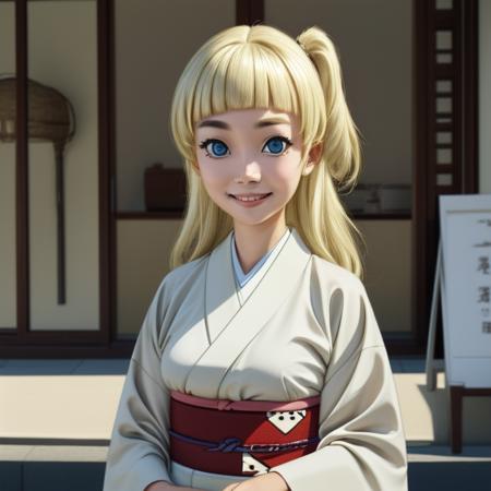 <lora:Shirara V1:0.8> Tsubaki Shirara, blue eyes, blonde hair, blonde thick eyebrows, colored eyebrows, pale skin, (long hair), (blunt bangs),
white kimono, dice pattern, 
<lora:side_up-1.0:0.5> su hair, side up, one side up, 
Masterpiece, Best quality, beautiful, ((upper body)), Human, looking at viewer, crisp, clear, Digital painting, oil painting, best quality, detailed hair, detailed background, detailed body, detailed eyes, full body, cute, smile, medium breast, round breast, perfect body, 1girl, solo, hands, young female,
east asian architecture, japanese clothes,
ultra high resolution, raw photo, deep shadow, low key, natural light,
<lora:Furtastic_Detailer:0.5> <lora:hairdetailer:0.5> <lora:skin_slider_v1:0.5>