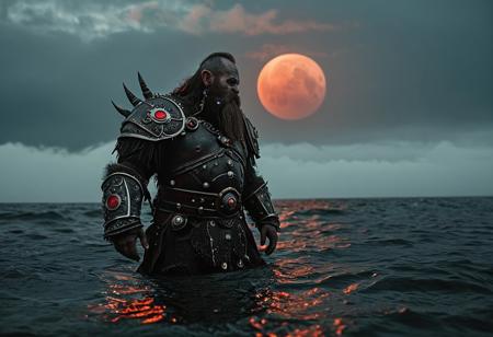 photography, perfect timing, perfect quality,16k, very detailed, highly detailed, realistic, dark horror theme, dark warm colors, cinematic, depth of field, dark dynamic lighting, cinemascope, 
a giant detailed wow dwarf, detailed CD armor made of cd's and a CD as symbol, emerging from the sea, dark night, dim red moon, soft fog, fine clouds here and there, 
Shot with a full-frame DSLR, 85mm lens at f/1.8 for shallow depth of field, ISO 400, 1/100 shutter speed. Natural light enhanced with slight post-processing contrast boost and neutral tone grading.