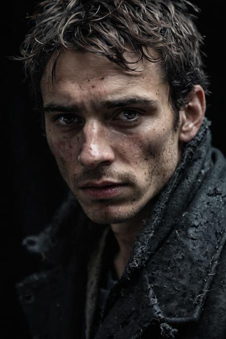 Create a RAW professional photograph, rendered in 8K using Octane, depicting a hauntingly beautiful and tormented young man. He is portrayed wearing a frayed, dark coat that echoes his turbulent past. The image captures his journey through profound suffering, with emerging signs of resilience as his adversities begin to diminish. His expression masterfully blends hope and despair, tinged with a subtle hint of lunacy, reflecting the deep emotional scars of his experiences. His face, both rugged and striking, tells a story of endurance and fortitude. The photograph is hyper-detailed, emphasizing the textures of his coat and the complex emotions visible in his expression, set against a backdrop that transitions from dark, oppressive shadows to a faint, hopeful light.