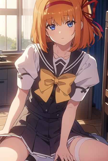 kaedefuyou, <lyco:kaedefuyou-LYCORIStest:1>,
kaede fuyou, short hair, orange hair, hair ribbon, hairband, blue eyes,
BREAK skirt, bow, ribbon, school uniform, short sleeves, pleated skirt, serafuku, socks, puffy sleeves, bowtie, puffy short sleeves, black socks, yellow bow, yellow bowtie,
BREAK looking at viewer,
BREAK indoors, classroom, 
BREAK <lora:GoodHands-vanilla:1>, (masterpiece:1.2), best quality, high resolution, unity 8k wallpaper, (illustration:0.8), (beautiful detailed eyes:1.6), extremely detailed face, perfect lighting, extremely detailed CG, (perfect hands, perfect anatomy),