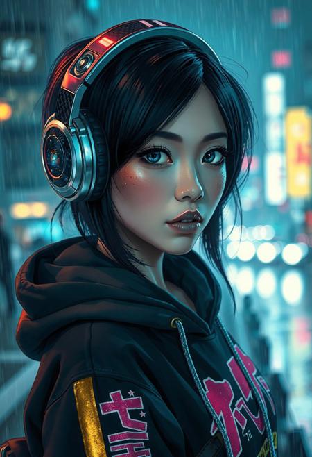 Half-Japanese female hacker. More Caucasian with freckled nose and cheeks. Teal lipstick. Aged 28. Cyberpunk clothing. Hi tech chrome and carbon fibre one eared headset. Bold graphic styled Hoodie with Japanese lettering down a sleeve and a bold golden stripe down each sleeve   The girls eye pupils have swirling Galaxy of stars and specks floating in a nebula pattern   Posed in front of a Rainy city at nite