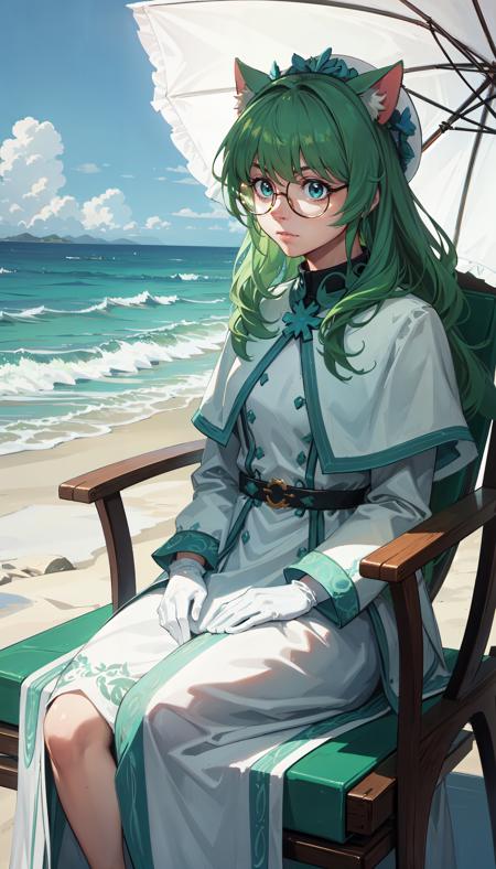 long hair green hair round glasses teal eyes cat ears white hat white dress capelet white gloves