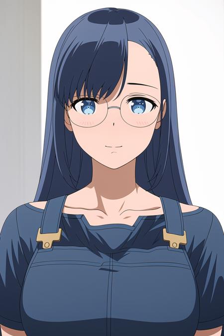 Simple White Background,
 black shirt, blue overalls, 
<lora:Toya_Yamada_16bit-KK77-V1:0.7>,black-framed eyewear,
blue eyes ,long hair,Bangs,blue hair, 
<lora:Oda_Non_Style-KK77-V2:0.3>,<lora:more_details:0.1>,
1 girl, 20yo,Young female,Beautiful Finger,Beautiful long legs,Beautiful body,
Beautiful Nose,Beautiful character design, perfect eyes, perfect face,expressive eyes,perfect balance,
looking at viewer,(Focus on her face),closed mouth, (innocent_big_eyes:1.0),(Light_Smile:0.3),
official art,extremely detailed CG unity 8k wallpaper, perfect lighting,Colorful, Bright_Front_face_Lighting,White skin,
(masterpiece:1.0),(best_quality:1.0), ultra high res,4K,ultra-detailed,
photography, 8K, HDR, highres, absurdres:1.2, Kodak portra 400, film grain, blurry background, bokeh:1.2, lens flare, (vibrant_color:1.2),professional photograph,
(Beautiful,large_Breasts:1.4), (beautiful_face:1.5),(narrow_waist),