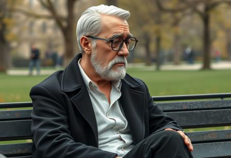 A highly detailed, semi-realistic 3D digital illustration style, extremely long distance, full body, side view of an dignified and wise writer sitting on a bench in the park, looking disappointed, tired. The writer's short white hair is combed back from his forehead, revealing a slightly receding hairline. his short white sideburns and beard, his chiseled, narrow face with a strong jawline and prominent cheekbones. Thick, arched eyebrows sit above round, black-framed glasses on his sharp, narrow nose. His pale, healthy skin shows fine lines that reflect his experiences, with a slight rosiness in his cheeks. He wears a long black trenchcoat and white shirt. Green Park, Spring, cold weather. Perfect hands.