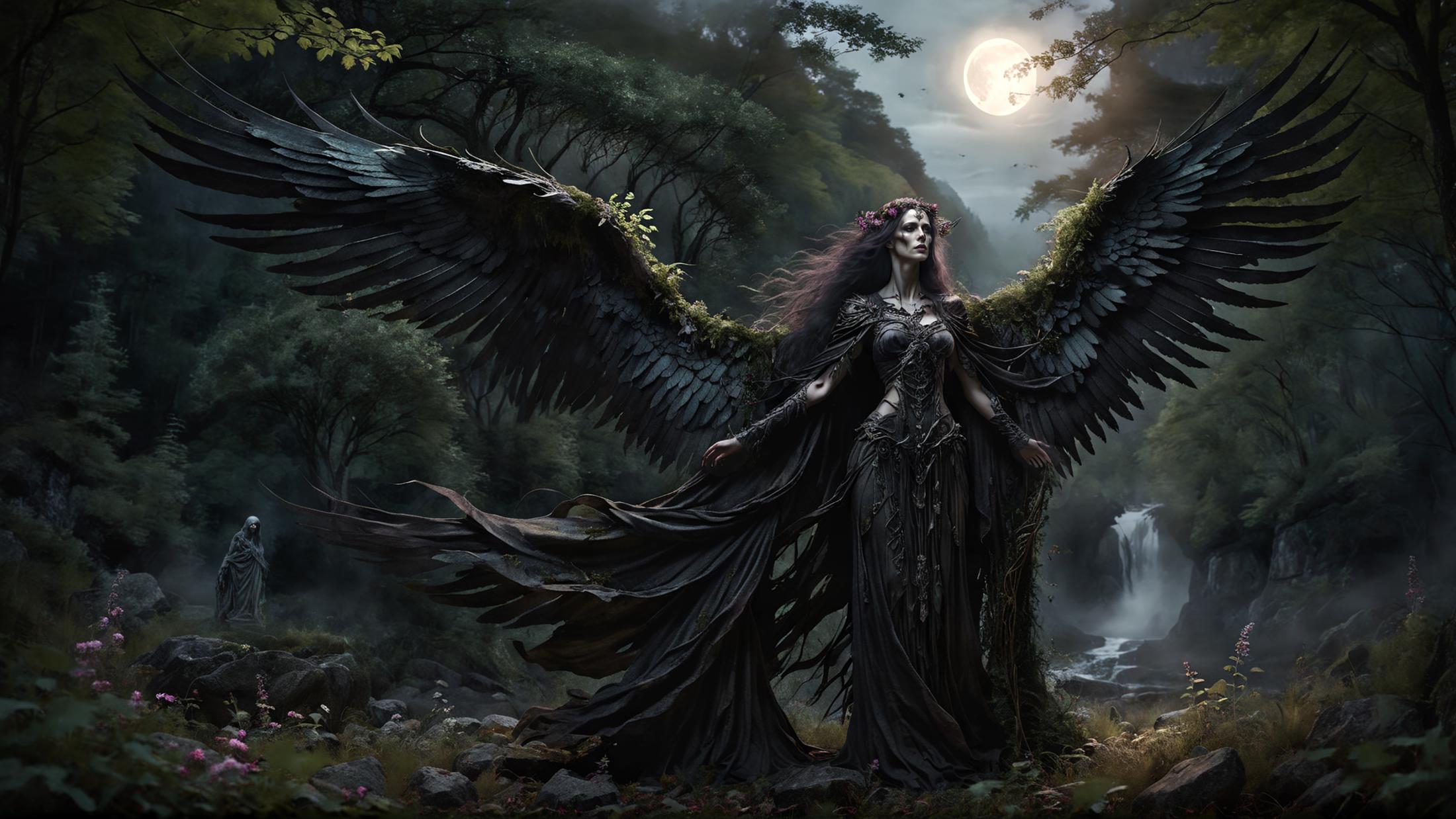 A dark-haired woman wearing a dark dress and wings, standing near a waterfall.