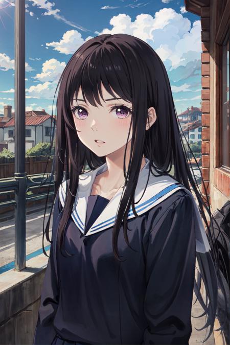 iki hiyori, 1girl, solo, long hair, school uniform, serafuku, parted lips solo, detailed face, looking at viewer, cowboy shot, upper body, indoor, window, blue sky, (masterpiece:1.2, best quality)