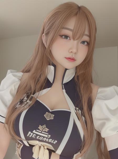 Tsikyo woman wearing a cheerleading uniform, brown eyes, dark blonde hair, hyper realistic, 4k, masterpiece, beautiful, facing the viewer, headshot, ((white skin)), cleavage