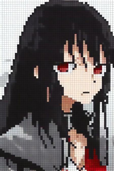 uchske,black hair, red eyes, closeup, grey coat, <lora:UchihaSasuke:0.4> <lora:pixelate-03:1.1>