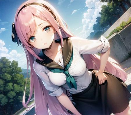 <lora:ke-ta:0.9>, suspender skirt, white shirt, pink neckerchief, hands on hips, street, concrete, solo, blue sky, clouds, (emerald like eyes:0.9), human, detailed eyes, (pink hair:1.3), beautiful green eyes, (extremely_long_hair:1.1), (one black hairband:1.2), (medium breasts:1.2), (straight hair:1.1)