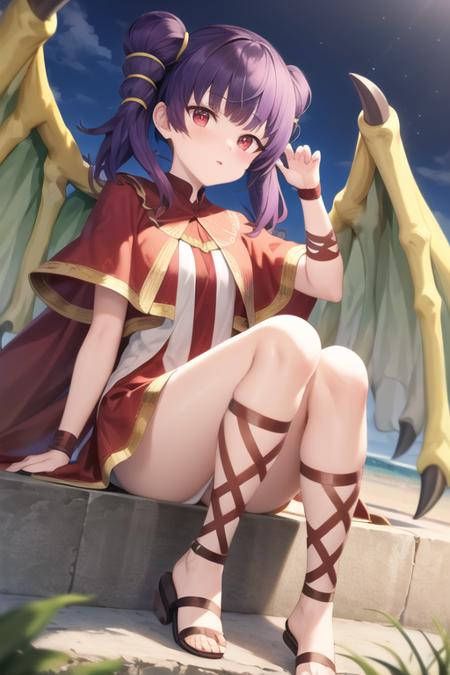 <lora:Myrrh_fe_v1:.8>, sitting, myrrh_fe, dress, sandals, wristband, dragon wings, feet