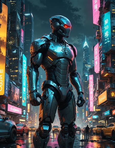 A Superhero, clad in a futuristic suit with hightech gadgets, stands atop a towering skyscraper, overlooking a sprawling cityscape. He is poised to battle a horde of robotic minions, who are scattered across the city, their metallic bodies gleaming under the neon lights. The cityscape is a blend of towering skyscrapers and sprawling slums, with holographic advertisements and neon lights illuminating the streets. The art style is a fusion of Frederic Leightons classical elegance and Matt Groenings pop culture sensibilities, creating a unique and captivating visual experience.