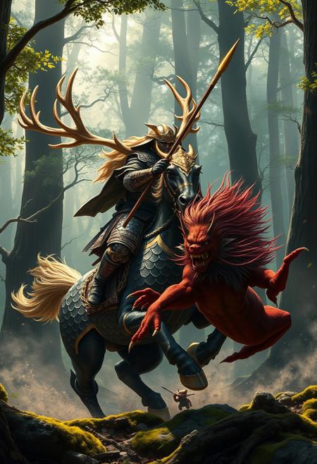 A Samurai in ornate, battle-worn armor rides atop a majestic Kirin through a misty Japanese forest. The Kirin’s scales resemble dark lacquer edged with shimmering gold, giving it a regal, polished appearance. Its large, elk-like antlers gleam in gold and silver, catching the dappled sunlight breaking through the dense canopy. The Kirin’s golden mane flows like liquid fire as it charges forward with an aura of divine power. The Samurai, gripping a long Japanese spear (Yari), delivers a decisive strike to a crimson-skinned Japanese demon (ONI) with wild hair and sharp claws, mid-attack. The forest is alive with towering trees, moss-covered roots, and swirling mist, framing the dramatic and mystical battle. Kodama, can be seen peeking from the branches of trees and on the ground,