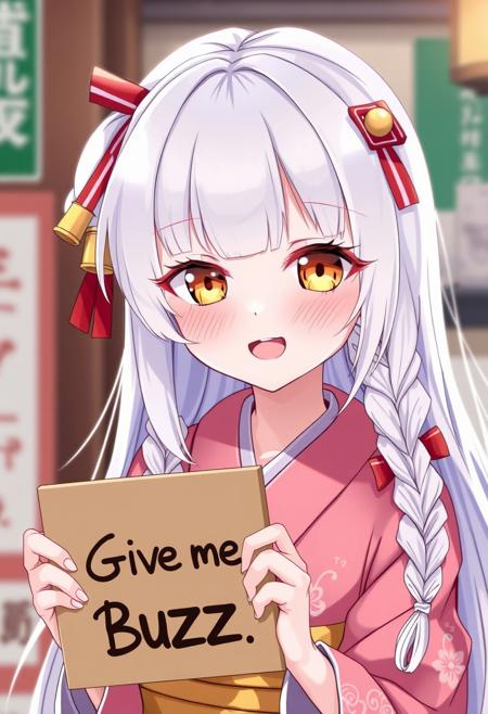 score_4,score_5,score_6,score_7_up,score_8_up,score_9 ((masterpiece,best quality,ultra detailed,highres,HD,4k:1.2)), 
1 girl,solo,face focus,
Mytyl(V1),yellow eyes,long hair,white hair, blunt bangs, side locks,bell hair ornament, hair ribbon, red hair ribbon, Pink kimono, yellow obi, floral pattern, braided hair, 
(("Give me Buzz.",Beggars Borad,Holding a sign, holding a sign that says, "Give me Buzz."))
looking at viewer,open mouth,blush,happy,smile,cheerful,