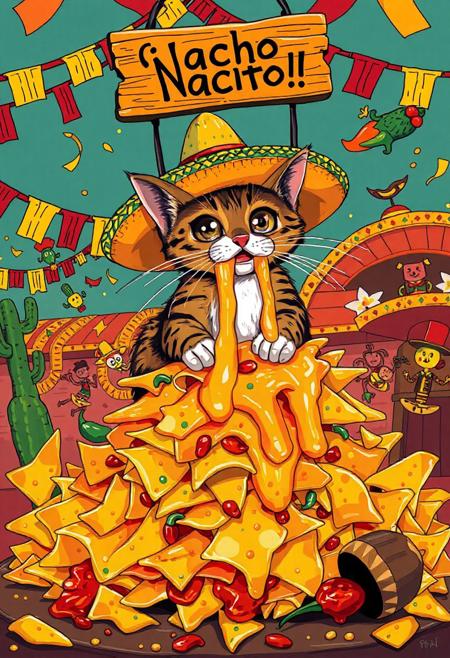 A mischievous tabby cat wearing an oversized, brightly colored sombrero adorned with tiny chili pepper ornaments sits triumphantly atop a towering mountain of cheesy nachos. The chips buckle under neon-orange melted cheese that oozes like lava. The cat, with sparkling anime-style eyes the size of tortillas, swipes a nacho with dramatic flair, flinging cheese onto its whiskers in a gooey mess that stretches cartoonish as it frantically licks it off. Behind the chaos, a vibrant Mexican fiesta bursts to life papel picado streamers flutter in reds, greens, and yellows, while googly-eyed piñatas shaped like cacti and mariachi figures dance and cheer. A hand-painted wooden sign reading “¡Nacho Gato!” swings crookedly above, caught in the festive whirlwind. Scattered below are salsa spills, a runaway jalapeño, and a toppled maraca. Rendered in a vivid Mexican folk-art style with bold outlines and Talavera-inspired patterns, the scene pops with fiery reds, sunny yellows, and deep azules perfectly capturing the wildly whimsical spirit of a feline fiesta gone hilariously off the rails.