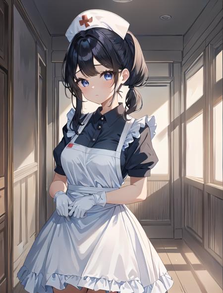 ((masterpiece, best quality, high quality)),1girl, (lower body, hospital), <lora:Long Nurse Apron 1:0.6> (nurse_uniform_long_3, gloves, apron, nurse cap, nurse,long dress), <lora:Kaede Sakata:0.7> (1girl, 3dcg 07, black hair, blue eyes, curtained hair, kaede sakata, low twintails, medium breasts, parted bangs, ponytail, short hair, solo, twintails),