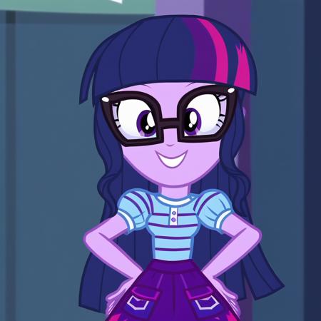 SciTwi EQG glasses ponytail blue hair purple skin and eyes