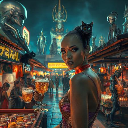 Setting is an extraterrestrial alien street market at night in a city of an extremely advanced extraterrestrial civilization, ((all writing is in an alien script)), ((all lighting is exotic and of an extremely advanced technology.,  the market is comprised of street vendors selling food, exotic technological wonders, and alien EXOTIC sexy clothing made from colorful iridescent fabrics. (((The many alien beings in view have a variety of appearances some are human-like, others are insectoid or feline or canine or reptilian, they are wearing a variety of clothing are walking through the street market shopping and eating))), A black cat with red collar sits on a nearby wooden roof at a market kiosk. Behind the a kiosk counter are containers of exotic goods, (((a beautiful woman with exotic features, 24 years old, is standing in the foreground facing the viewer with a her hand holding a jeweled goblet containing a glowing beer. Her eyes are detailed and have the luminescence of fiery beautiful jewels focused on the viewer, she has an expression of interested curiosity))), the being is dressed in exotic style clothing of a completely exotic aesthetic. Enormous metallic statues and temples are visible in the background and around the scene and smaller statues are prevalent in the market, Epic image that elicits a feeling of wonder and awe, (((many types of aliens are walking around the market))),